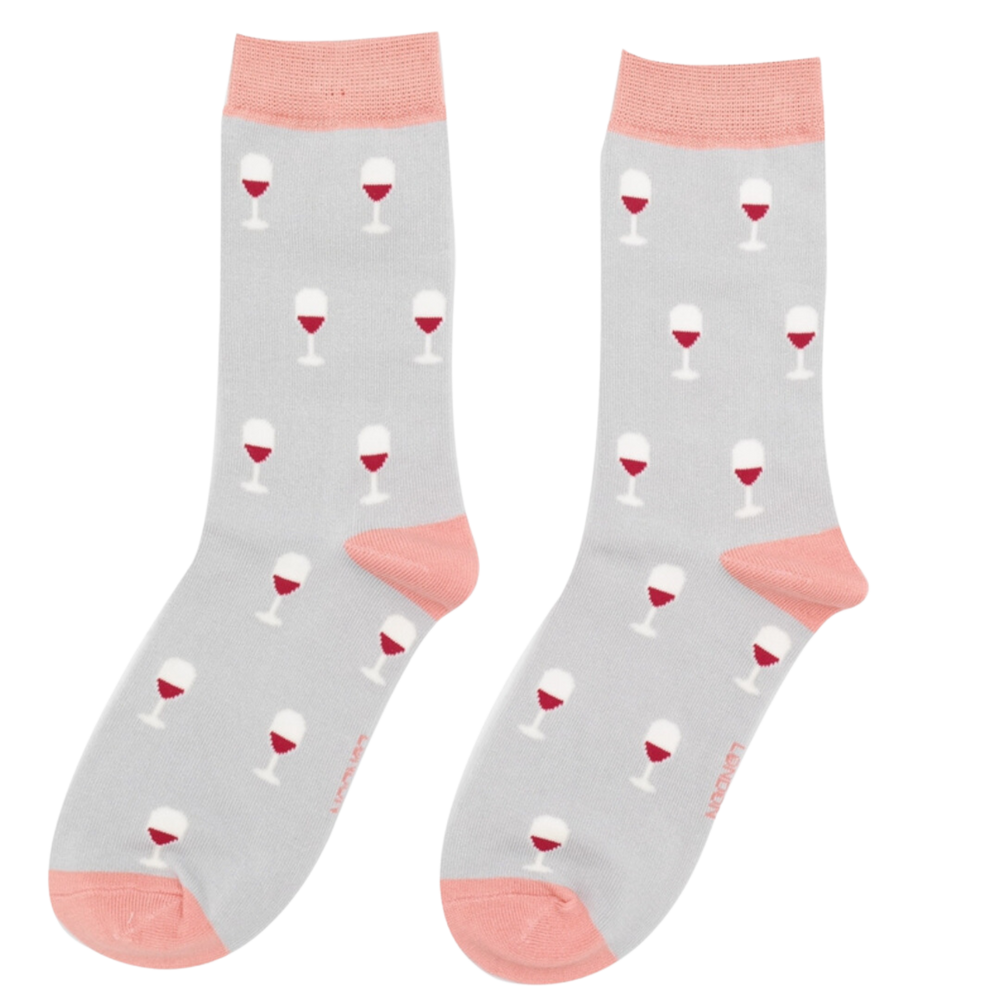 
                      
                        A pair of socks with glasses of red wine. Light grey legs, peach cuff, heel and toe.
                      
                    