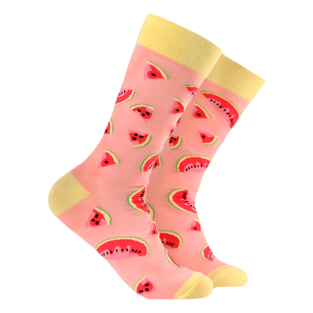 
                      
                        Watermelons Bamboo Socks. A pair of socks with a watermelon motif. Peach legs, yellow heel, toe and cuff. 
                      
                    