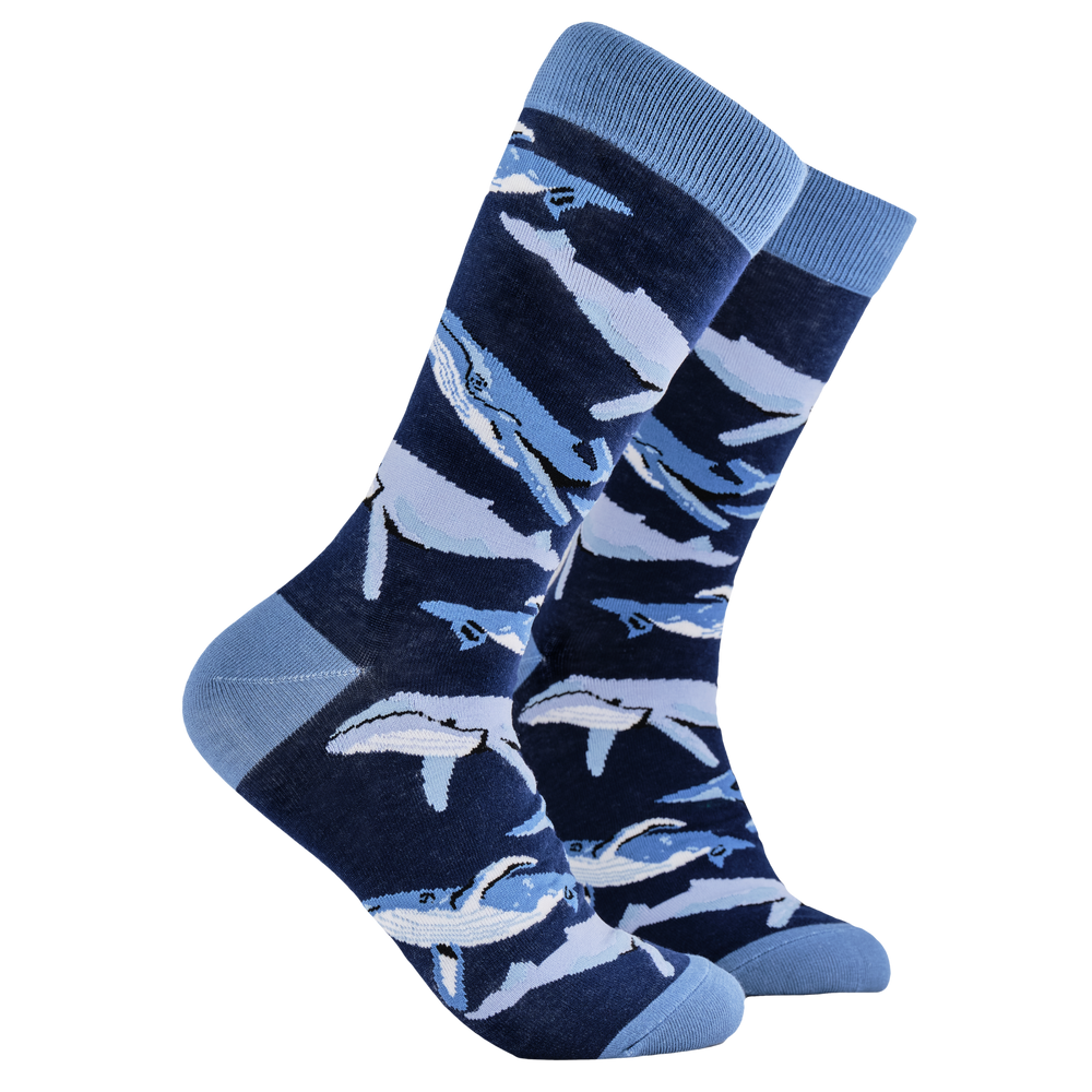 Whale Socks - Whale Of A Time. A pair of socks depicting different species of Whale. Dark blue legs, bright blue cuff, heel and toe.