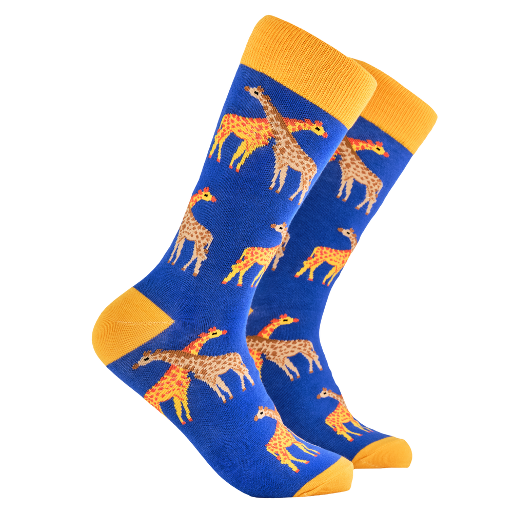 Giraffe Socks - What's the weather like up there? A pair of socks depicting giraffes. Royal blue legs, yellow cuff, heel and toe.