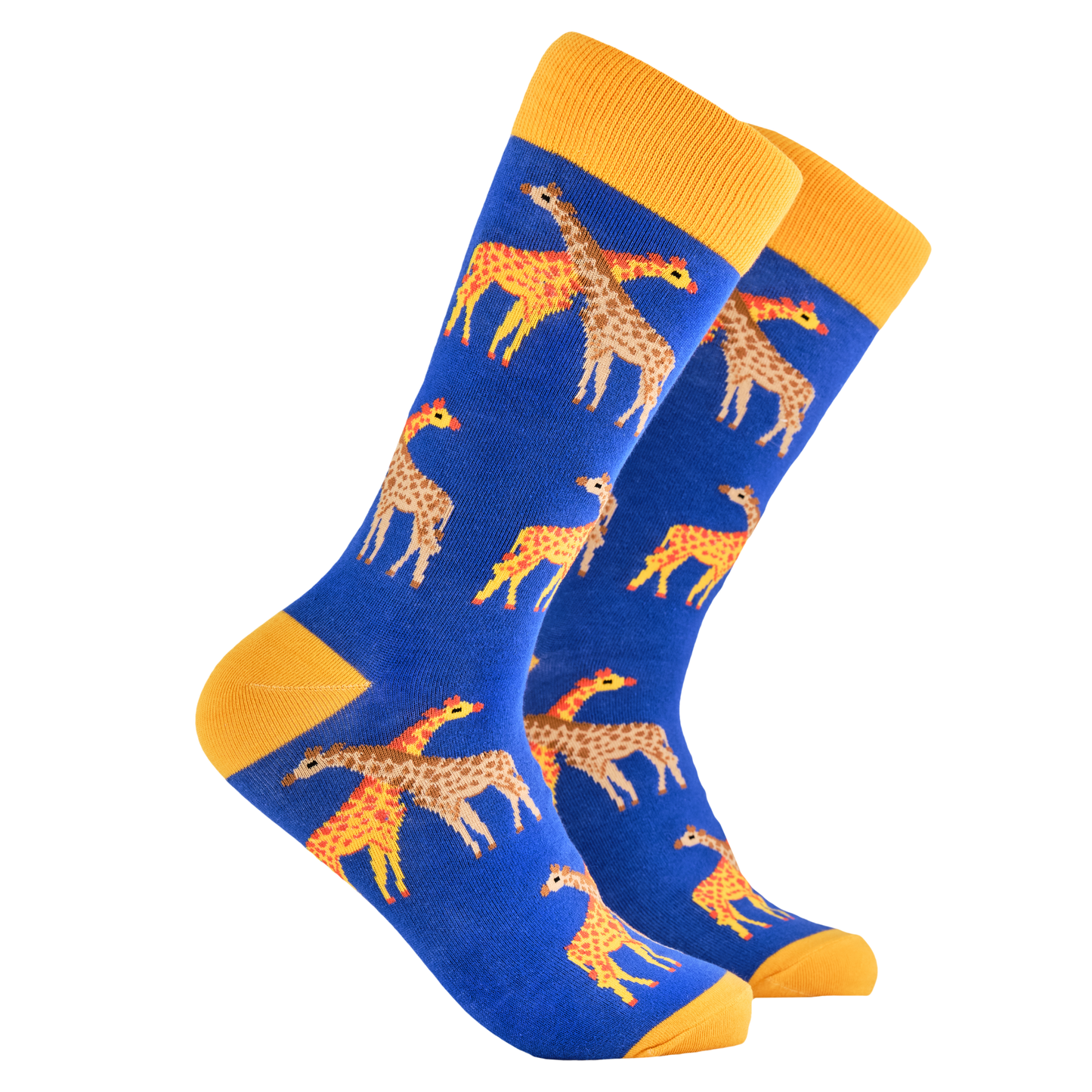 Giraffe Socks - What's the weather like up there? A pair of socks depicting giraffes. Royal blue legs, yellow cuff, heel and toe.