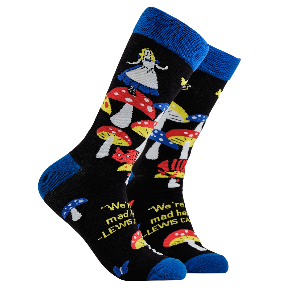 Alice in Wonderland Socks - Where's Wonder Land? A pair of socks depicting Alice in wonderland and toadstools. Black legs, royal blue cuff, heel and toe.