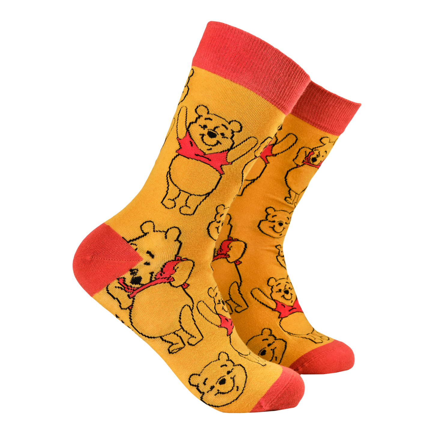 Disney's Winnie The Pooh Socks. A pair of socks featuring Winne the Pooh. Yellow legs, red toe, cuff and heel. 