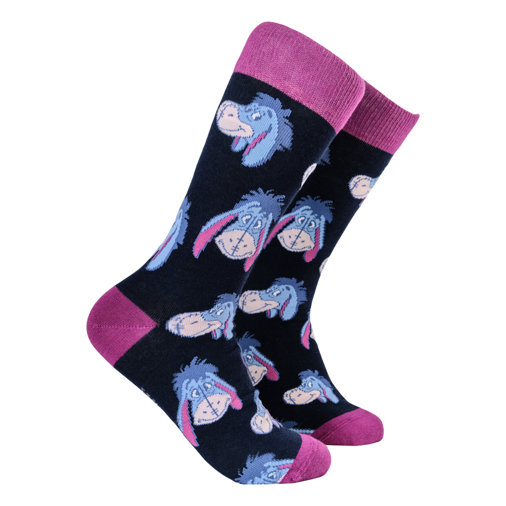 
                      
                        Disney's Winnie The Pooh Socks - Eeyore. A pair of socks depicting eeyore. Black legs, pink heel, toe and cuff. 
                      
                    