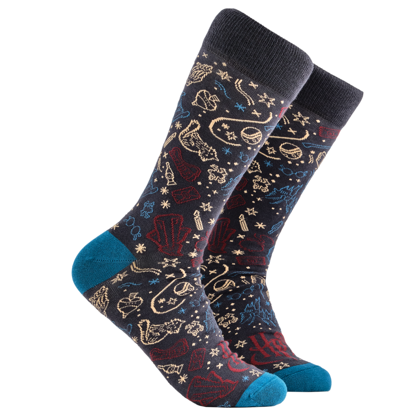 Harry Potter Socks - Wizarding World. A pair of socks depicting lots of magical elements. Grey legs, blue cuff, heel and toe.