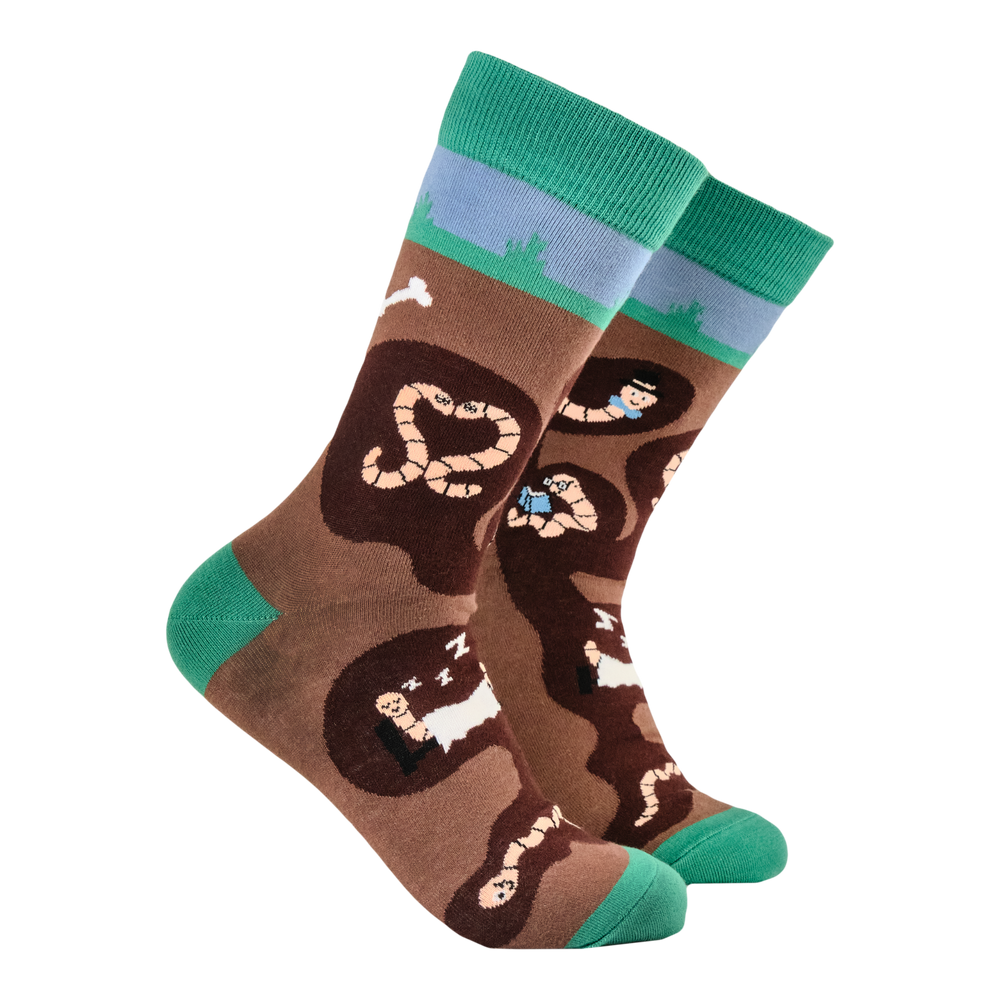 Wormery Socks. A pair of socks featuring earthworms. Brown legs, green heel, toe and cuff. 