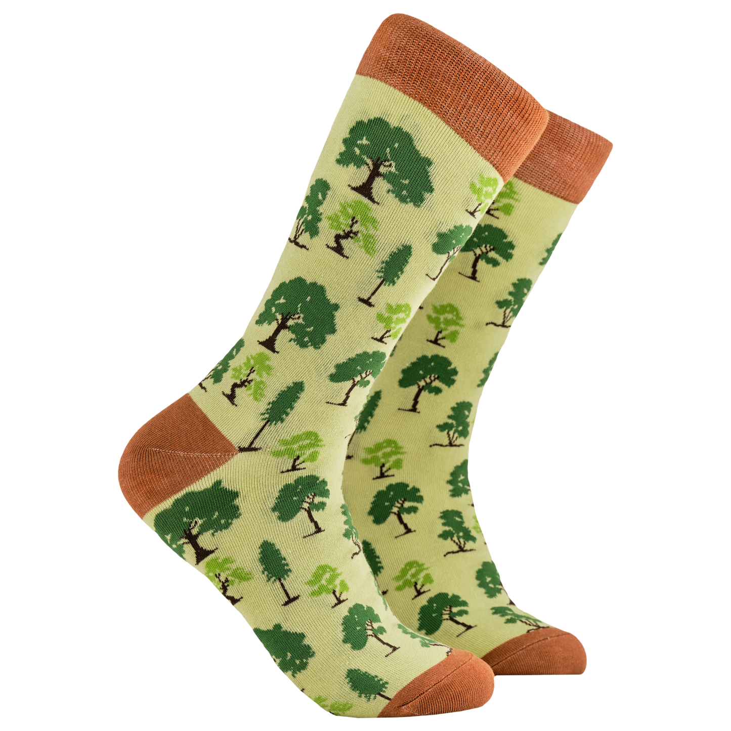 Tree Socks - You Wood Love. A pair of socks depicting British trees. Yellow legs, orange cuff, heel and toe.