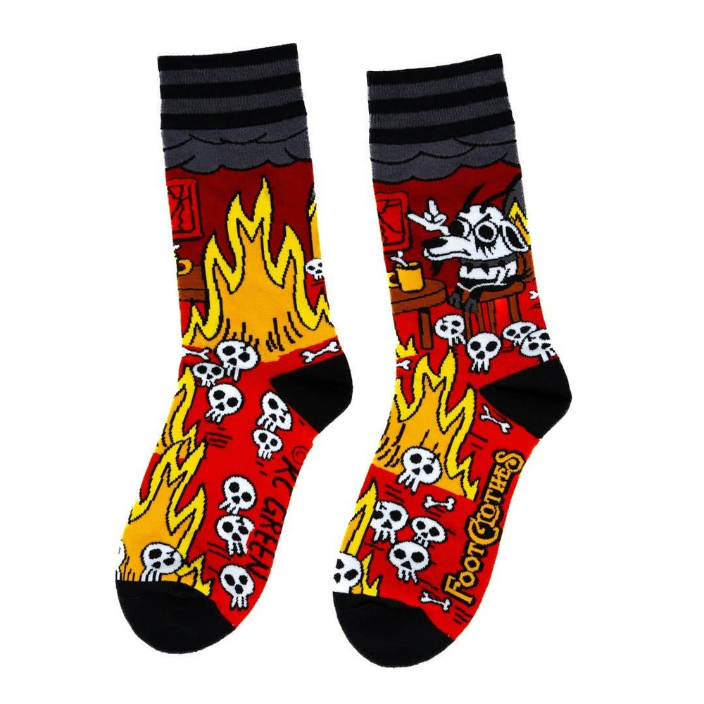 
                      
                        A pair of socks featuring a design by KC Green. Red flaming legs, black legs, heel, toe and cuff. 
                      
                    