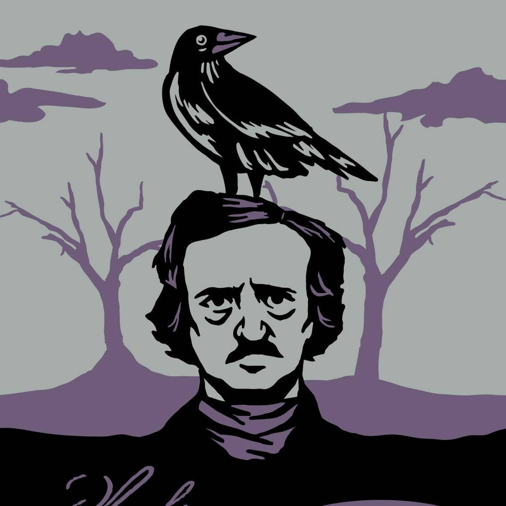 
                      
                        A pair of socks depicting a skeleton Edgar Allan Poe with a raven. Purple toes, heel and cuff. 
                      
                    