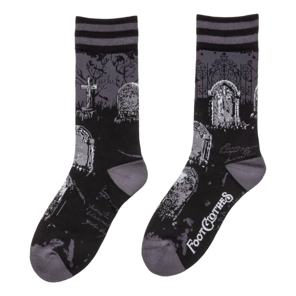 
                      
                        A pair of socks featuring a cemetery motif. Black legs, grey heel, toe and cuff. 
                      
                    