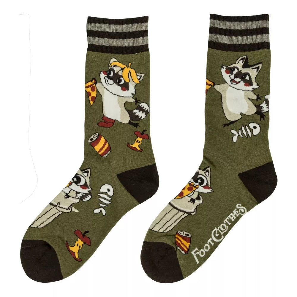 
                      
                        A pair of socks featuring trash pandas. Green legs, dark green heel, toe and cuff. 
                      
                    