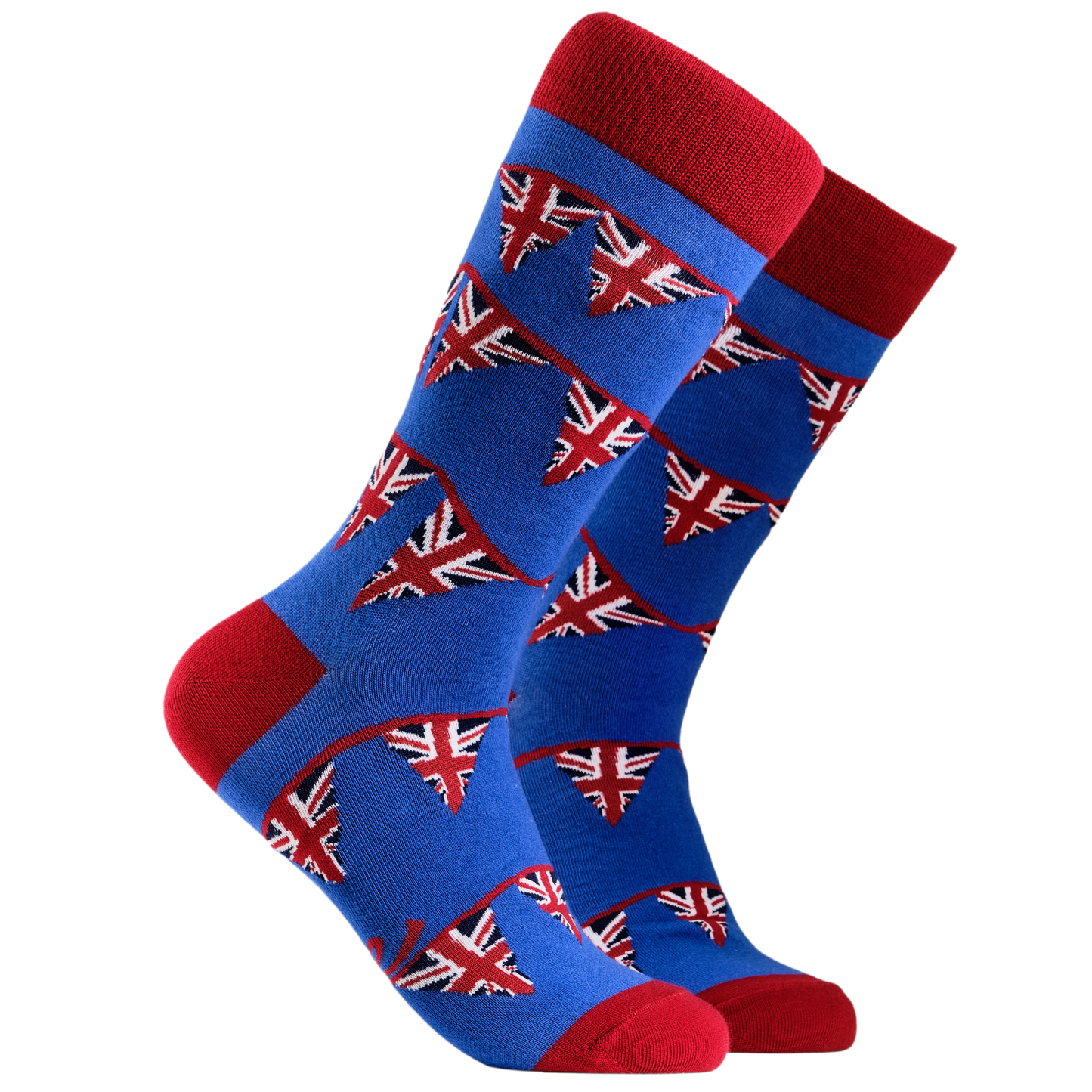 Union Jack Socks - UK Bunting. A pair of socks depicting Union Jack bunting. Blue legs, red cuff, heel and toe.