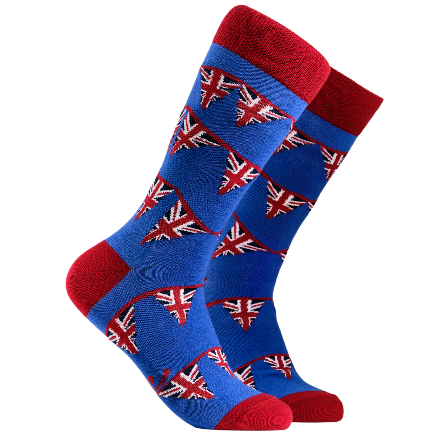 
                  
                    Union Jack Socks - UK Bunting. A pair of socks depicting Union Jack bunting. Blue legs, red cuff, heel and toe.
                  
                