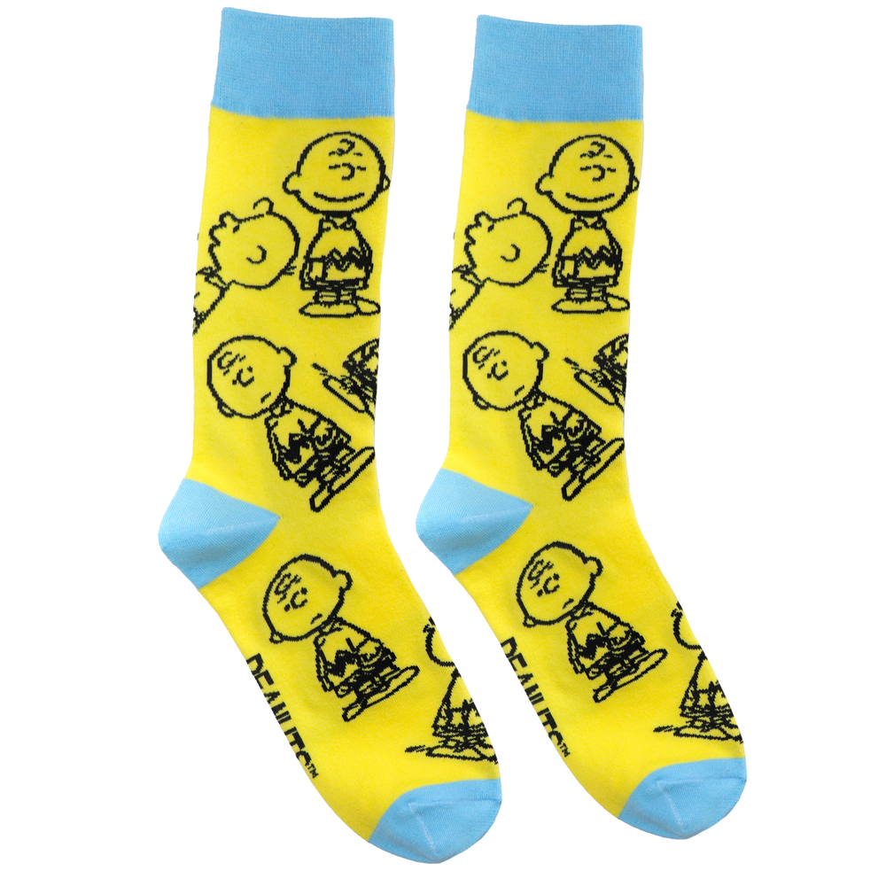 A pair of socks depicting Charlie Brown in all his different moods. Yellow legs, blue cuff, heel and toe.
