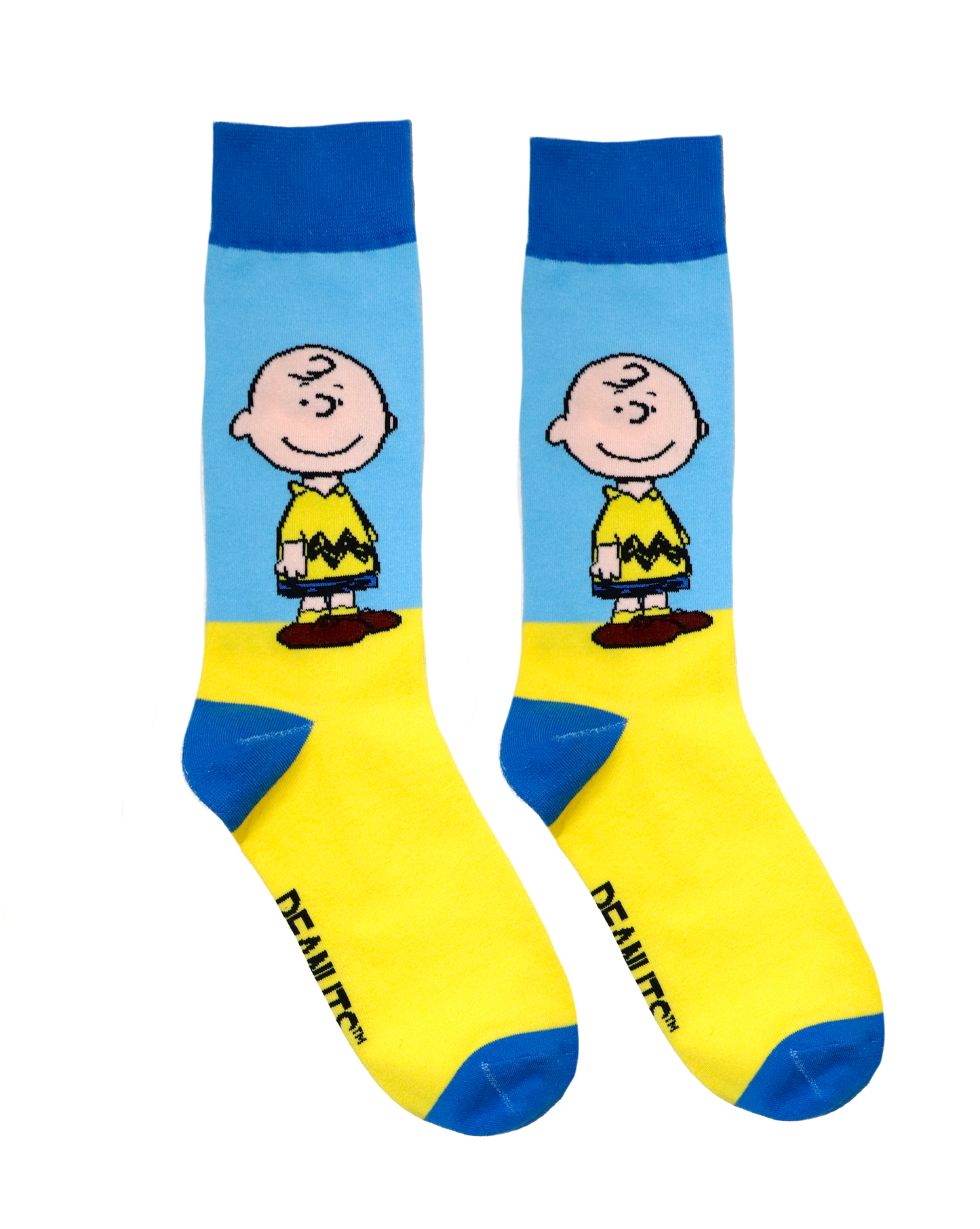A pair of socks depicting the iconic Charlie Brown. Blue and Yellow legs, dark blue cuff, heel and toe.