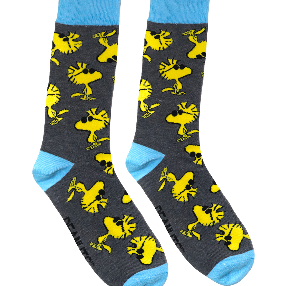 A pair of socks depicting the cool dude Woodstock. Grey legs, blue cuff, heel and toe.