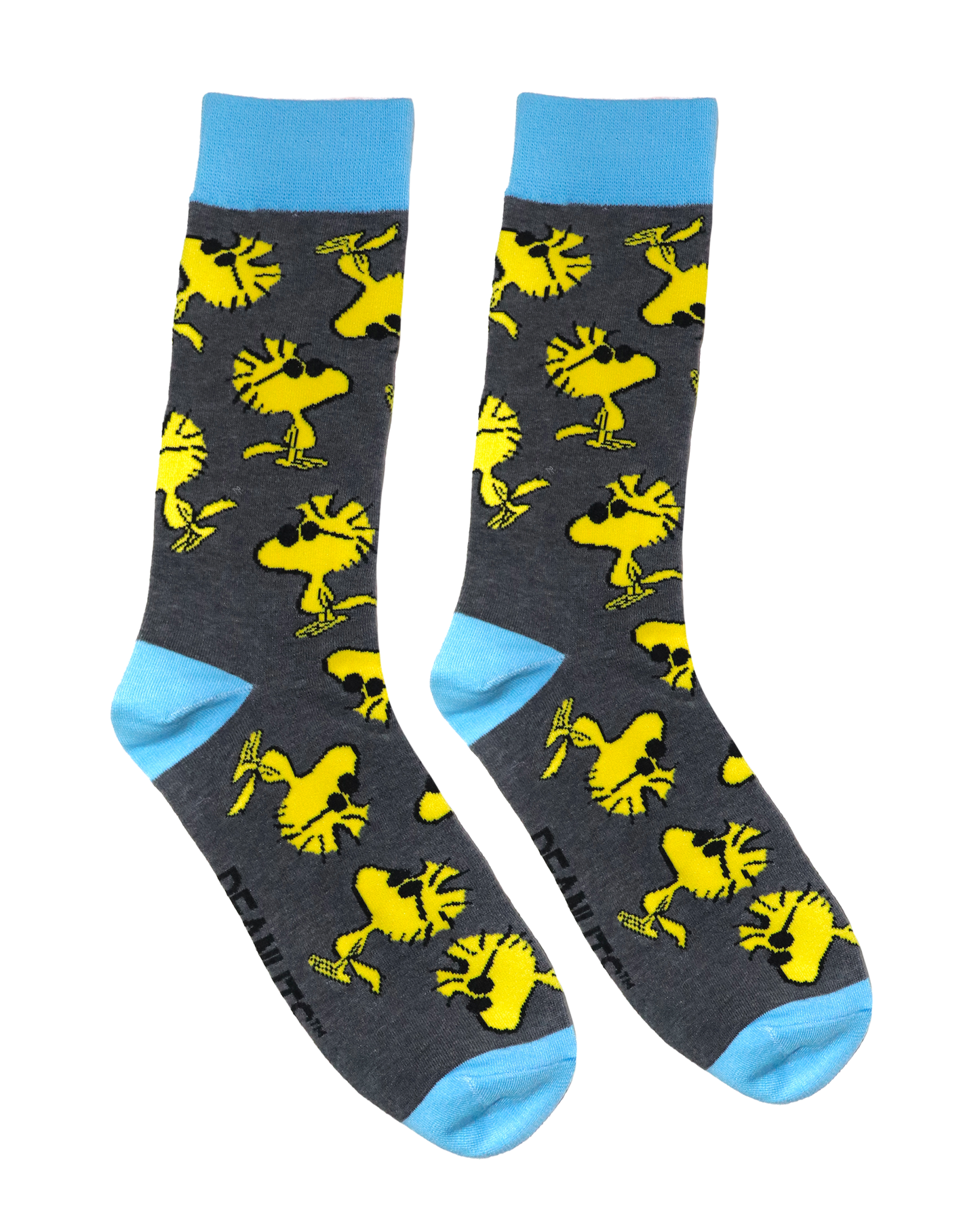 A pair of socks depicting the cool dude Woodstock. Grey legs, blue cuff, heel and toe.
