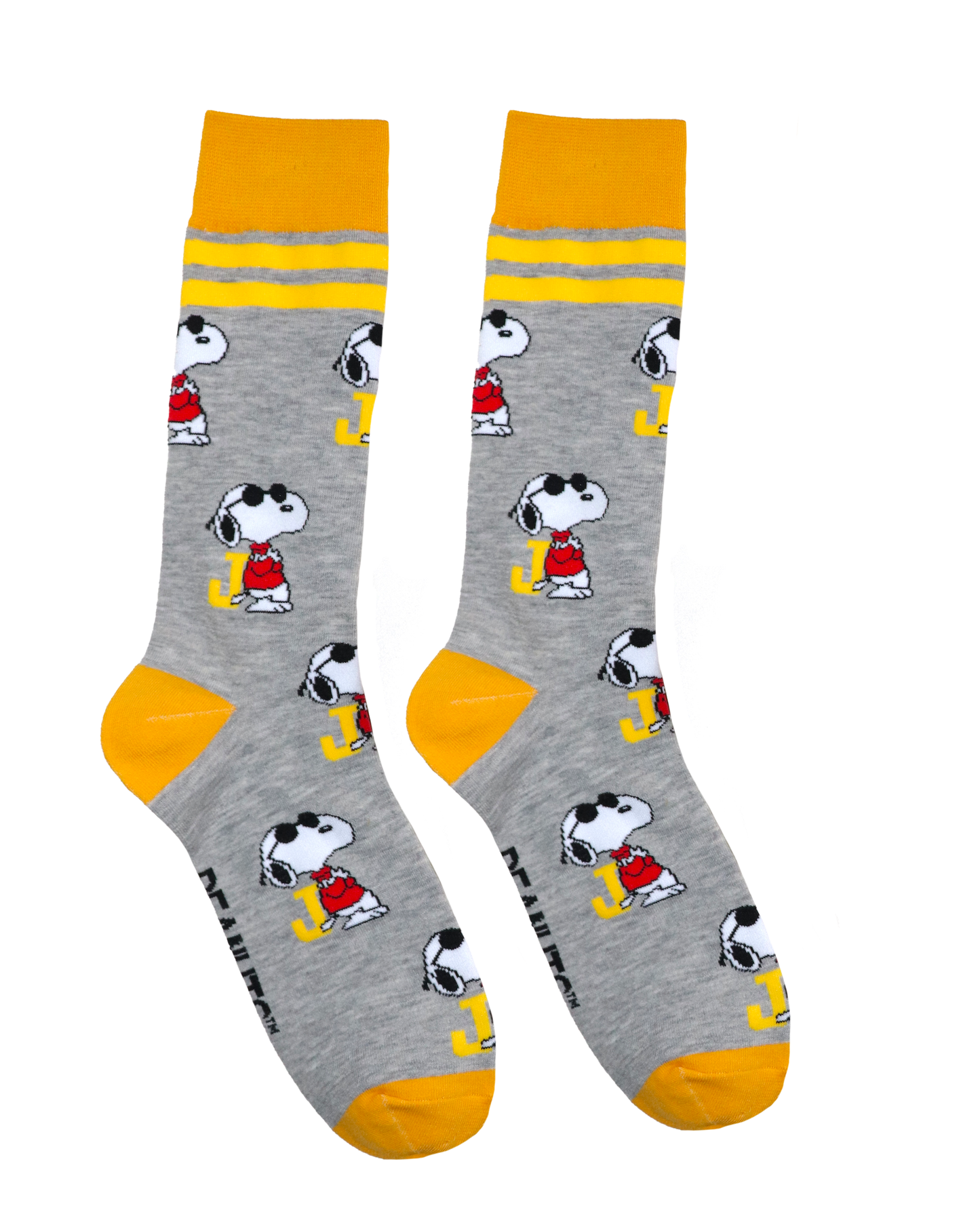 A pair of socks depicting Snoopy as Joe Cool. Grey legs, yellow cuff, heel and toe.