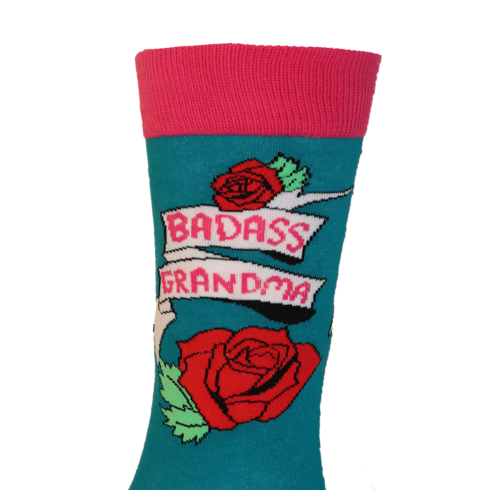 A pair of socks depicting red roses. Baddass Grandma text. Teal legs, red cuff and, heel and toe. Top of sock.