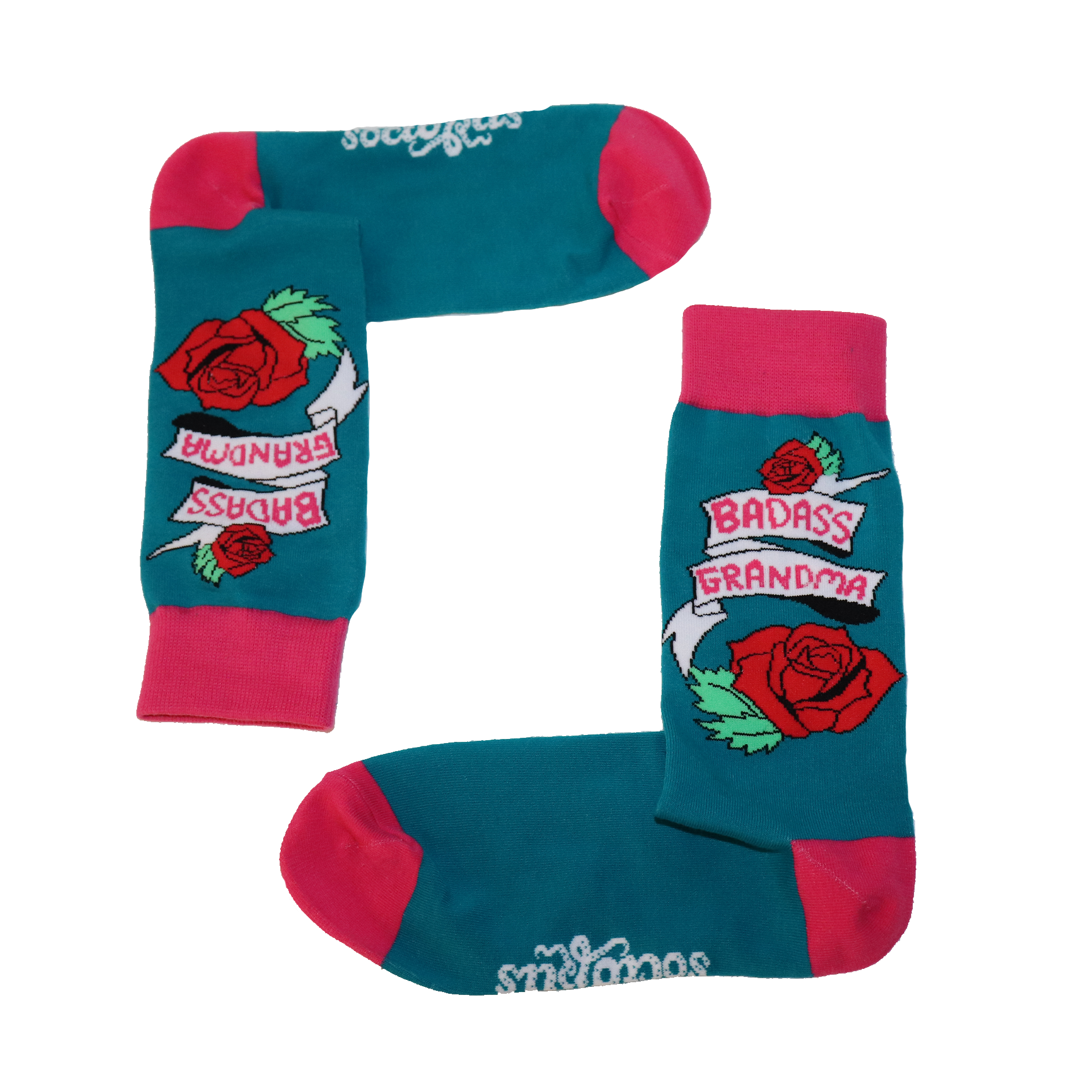 A pair of socks depicting red roses. Baddass Grandma text. Teal legs, red cuff and, heel and toe.