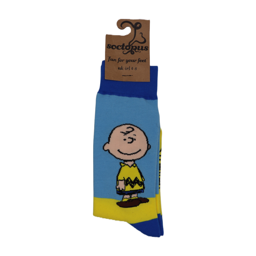 
                  
                    A pair of socks depicting the iconic Charlie Brown. Blue and Yellow legs, dark blue cuff, heel and toe. In Soctopus Packaging.
                  
                